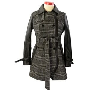Guess Plaid Wool Blend Trench Coat Womens L Faux Leather Sleeve Belted Jacket